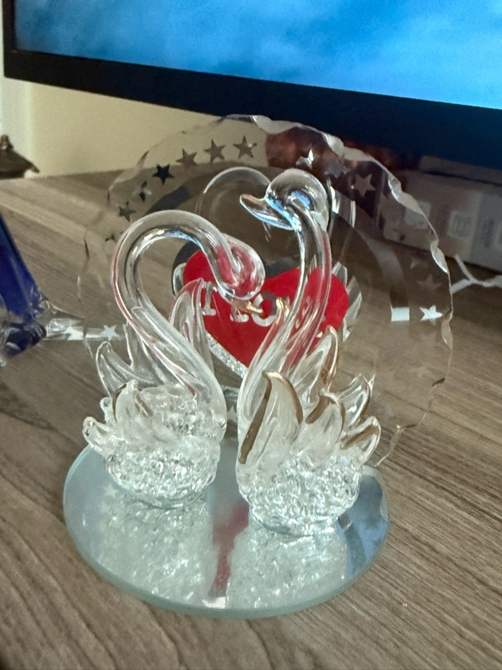 Clear Crystal Swan Couple Figurine with Red Heart Accent